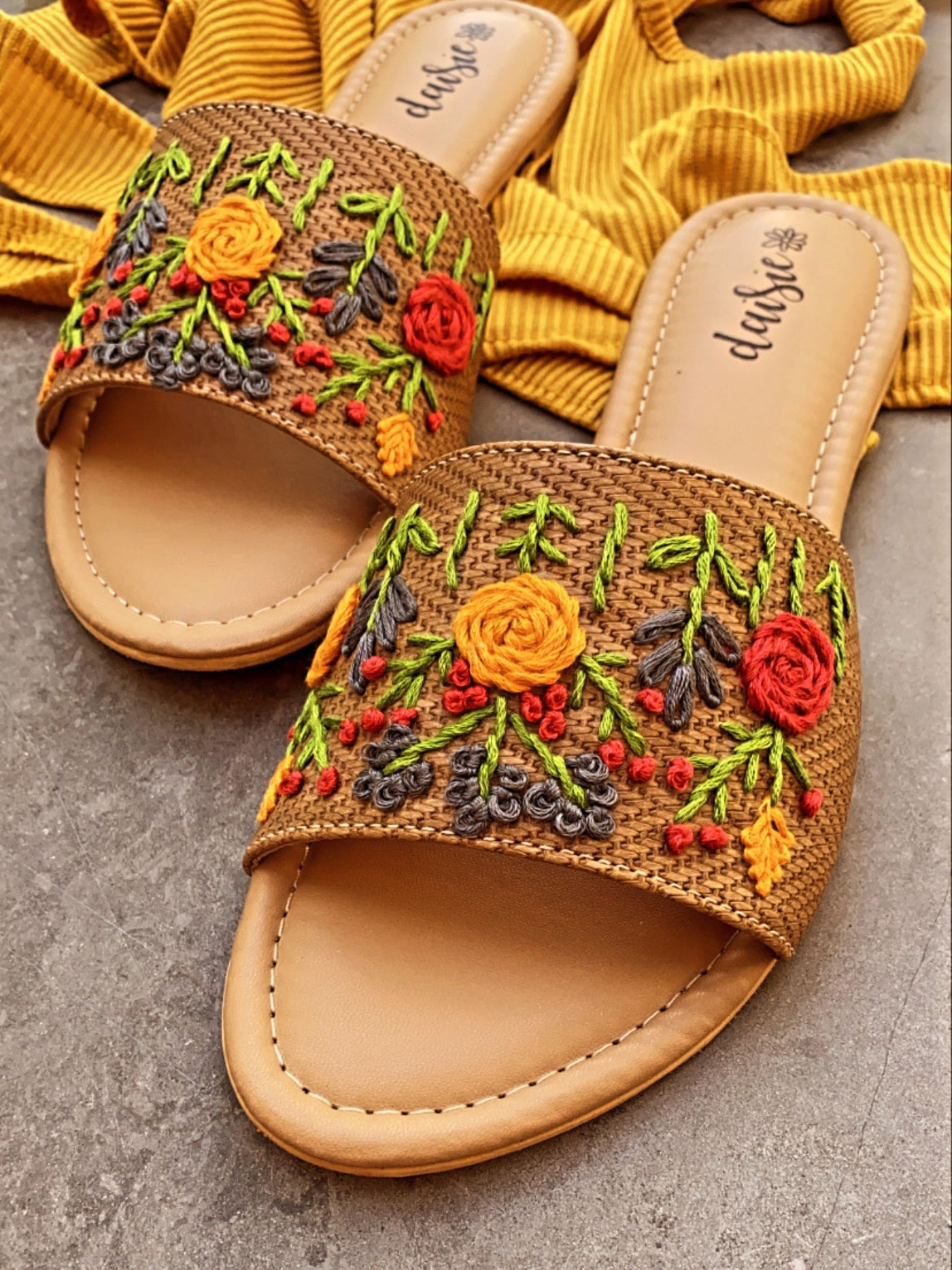 Hand embroidered Mustard jute festive Flats - View 1