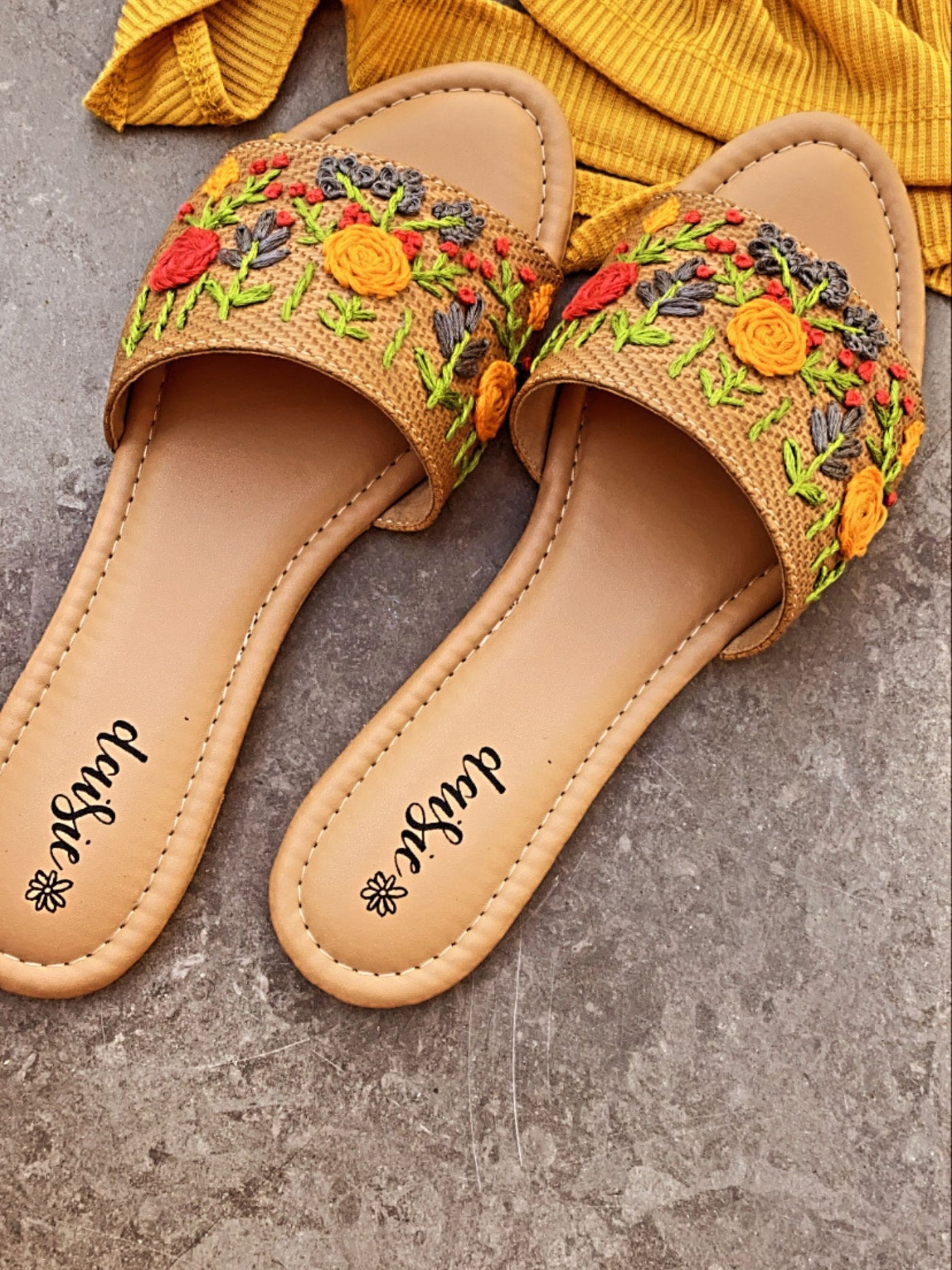 Hand embroidered Mustard jute festive Flats - View 2