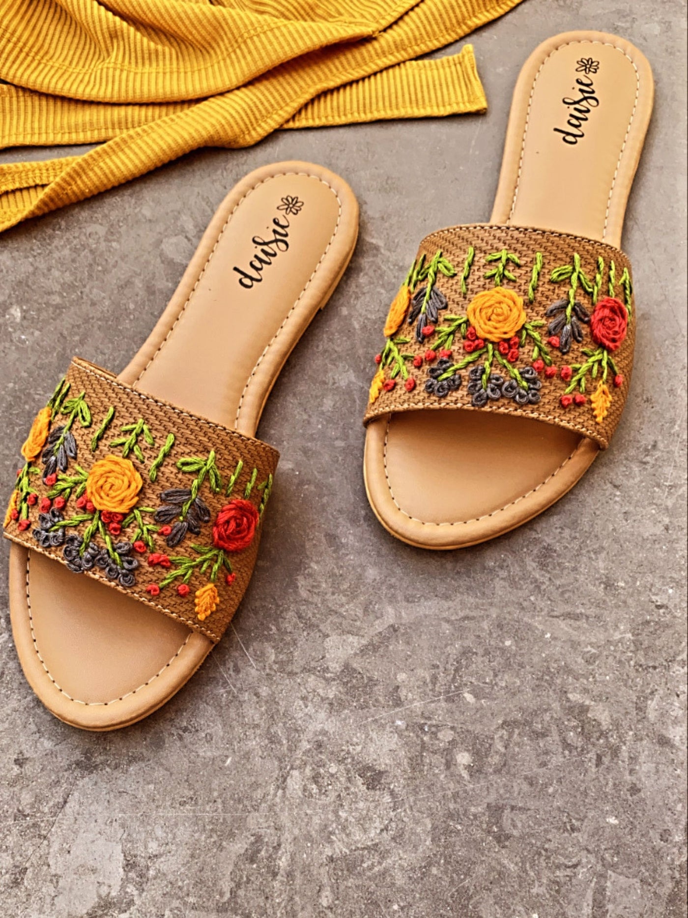 Hand embroidered Mustard jute festive Flats - View 3