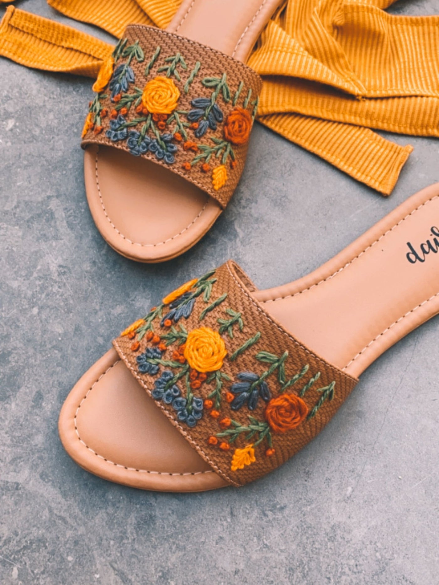 Hand embroidered Mustard jute festive Flats - View 4