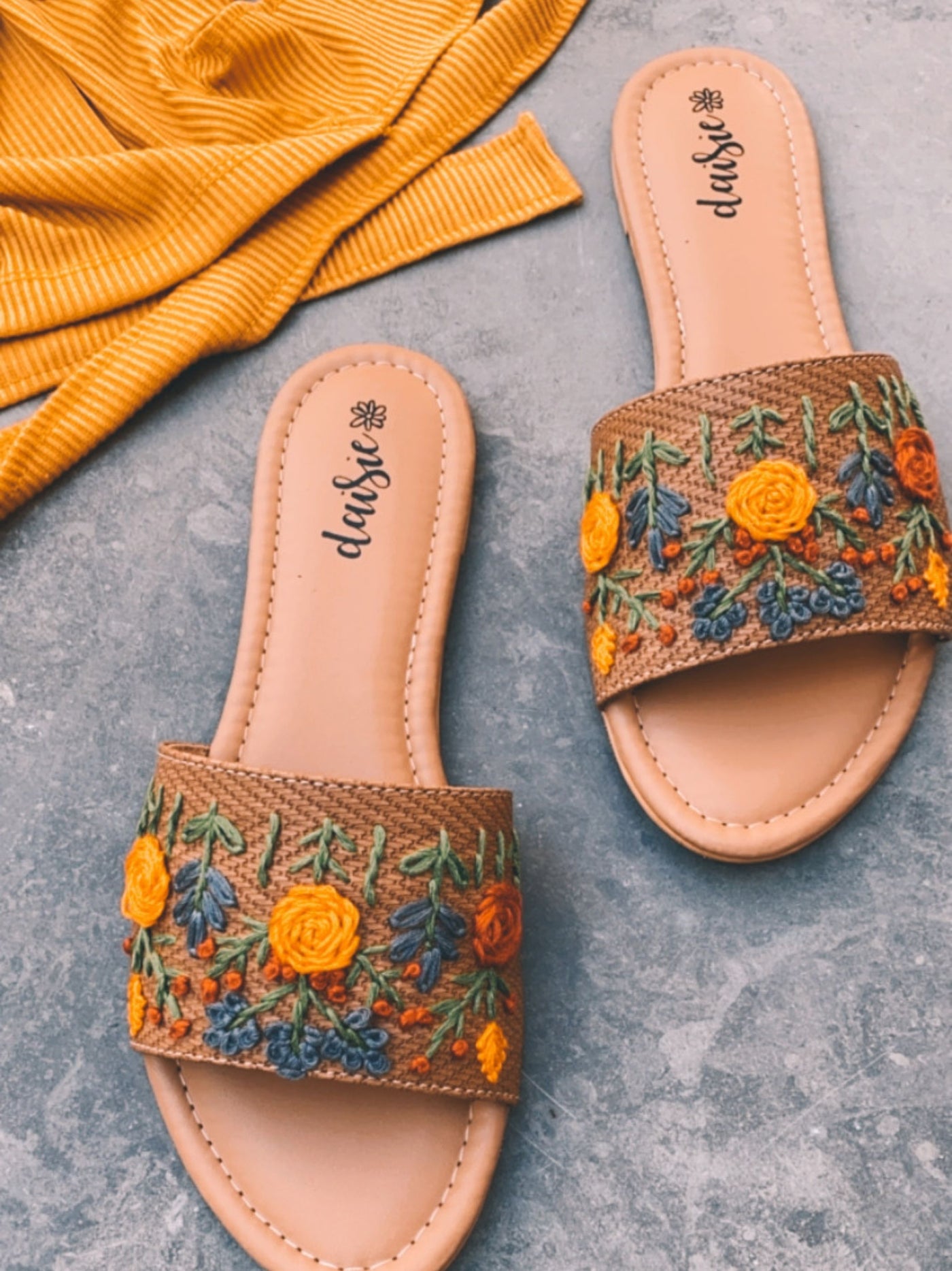 Hand embroidered Mustard jute festive Flats - View 5