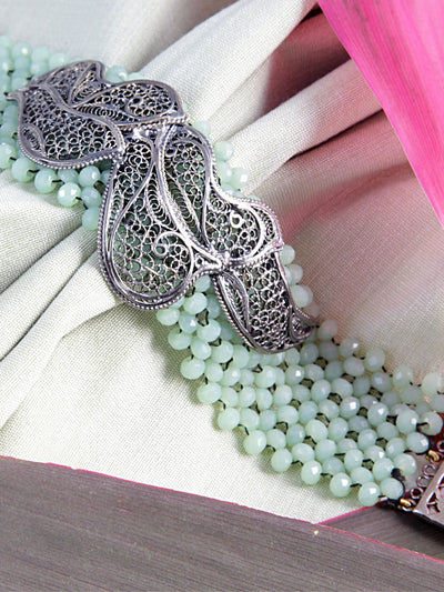 Filigree Silver Bracelet with Sea green Beads and Oxidised look - View 1
