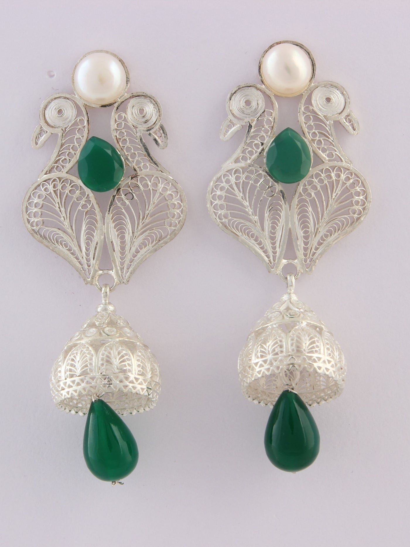 Filigree Silver Earrings with Green Drops - View 1