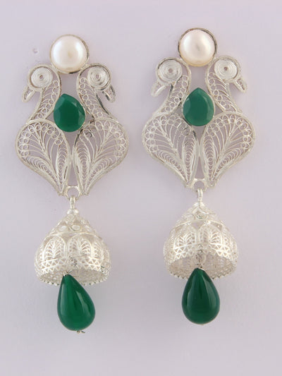 Filigree Silver Earrings with Green Drops - View 1