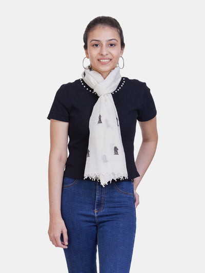 Weaves & Threads Cotton scarf with black chess pcs & white tassels scarf for women - View 1