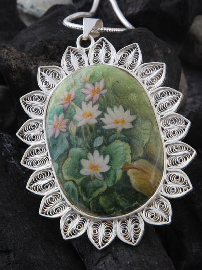 Mother Of Pearl Handpainted Filigree Silver Pendant - View 1