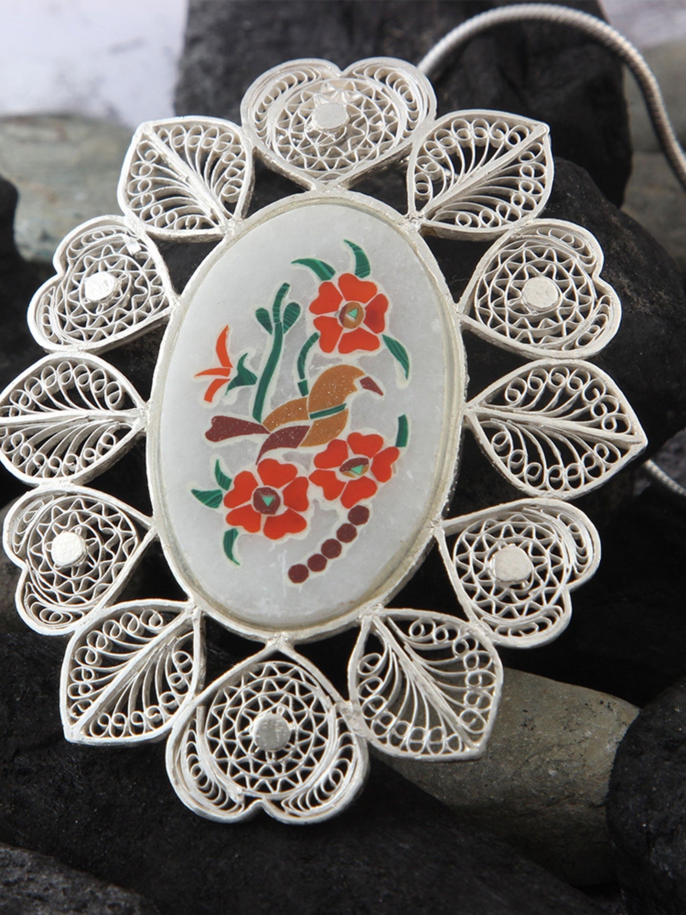 Multicolored Filigree Silver Pendant With Marble Inlay - View 1