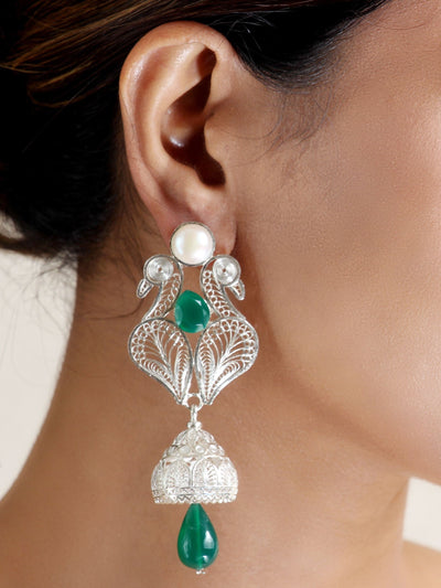 Filigree Silver Earrings with Green Drops - View 2