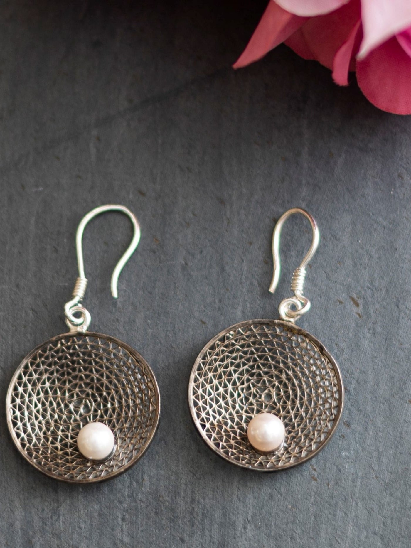 Filigree Silver Earrings With Pearls  - View 1