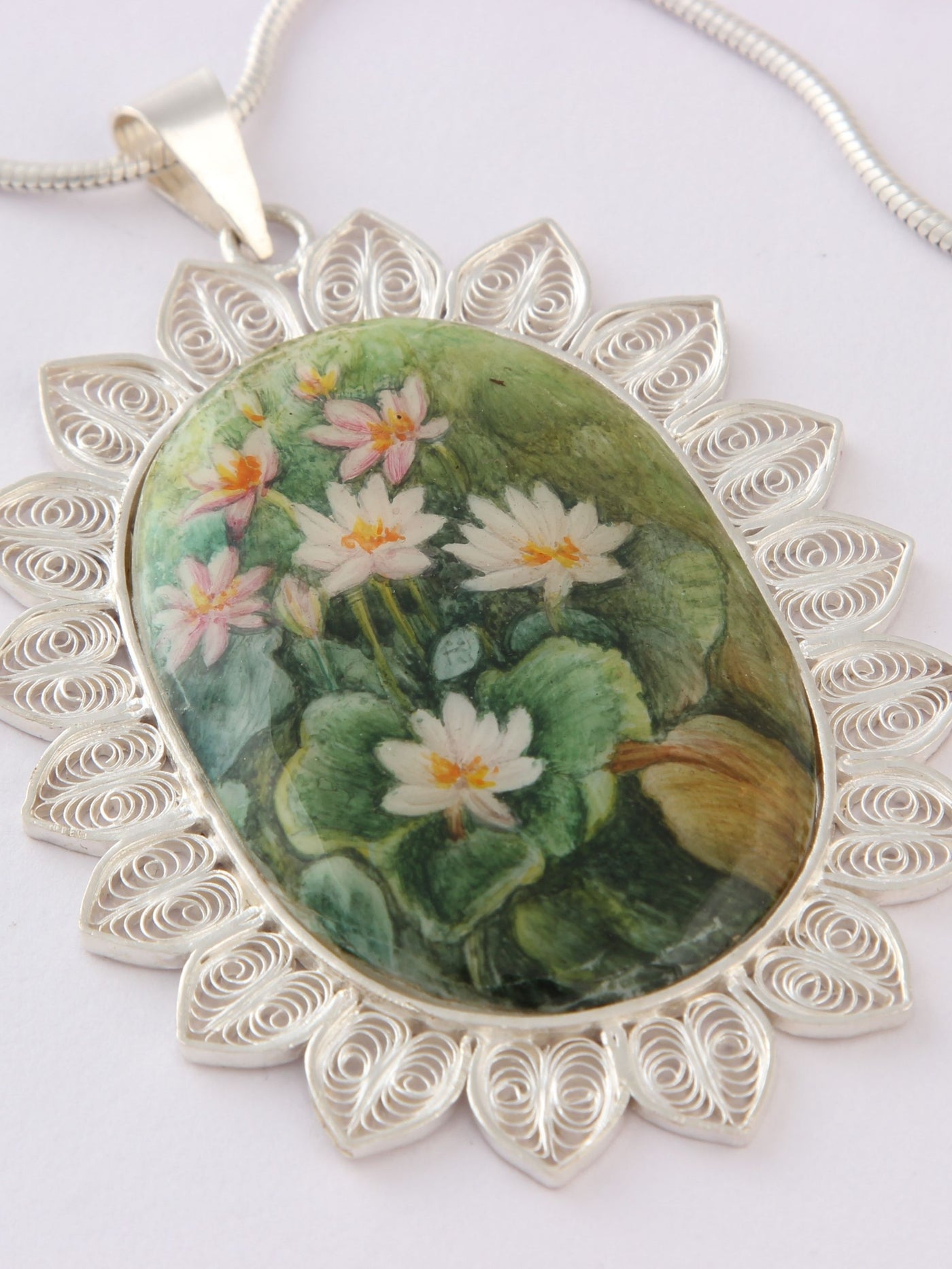 Mother Of Pearl Handpainted Filigree Silver Pendant - View 3