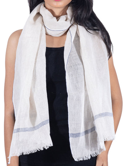 Weaves & Threads beige with blue border Cotton Linen Scarf for Women- View 1