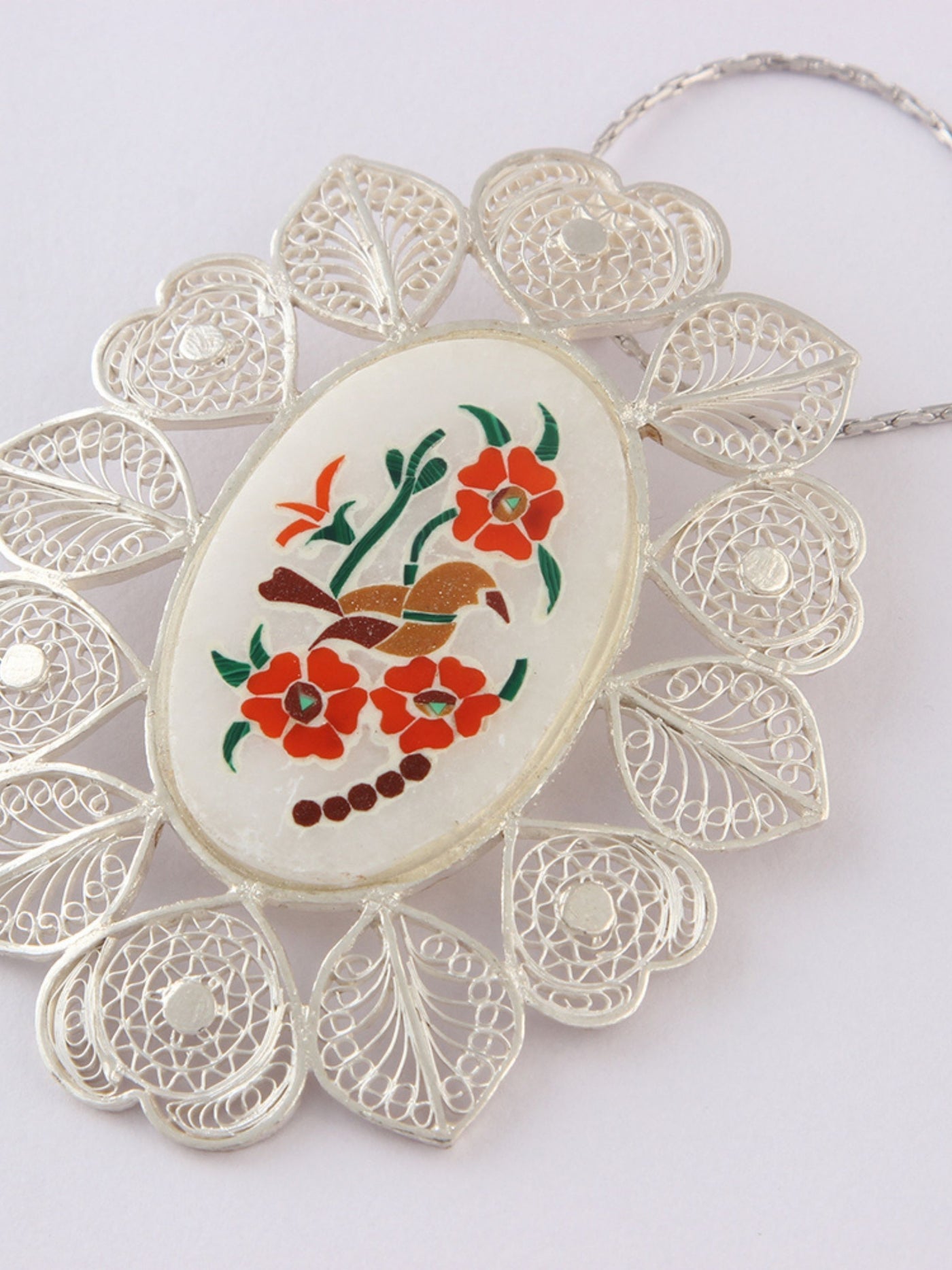 Multicolored Filigree Silver Pendant With Marble Inlay - View 3