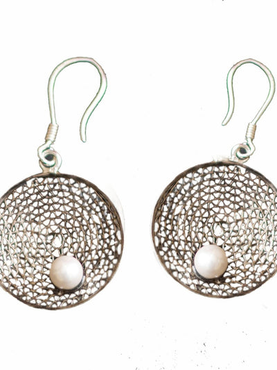 Filigree Silver Earrings With Pearls  - View 3