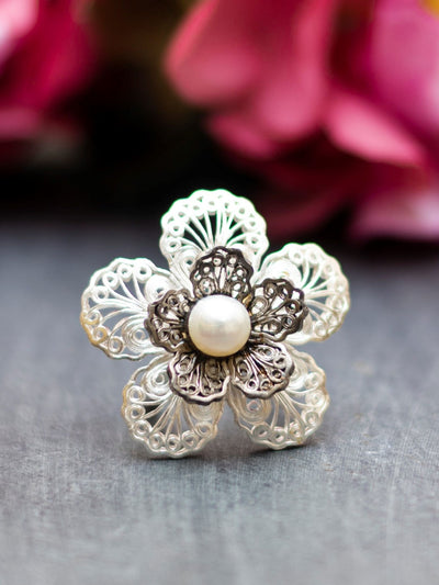 Double Tone Filigree Silver Adjustable Ring - View 3