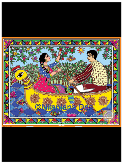 Couple in boat in Madhubani style